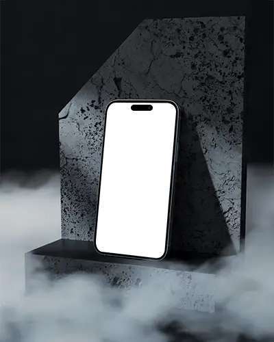 Dark Stone Display Iphone 15 Pro Mockup Device Against Moody Textured Backdrop