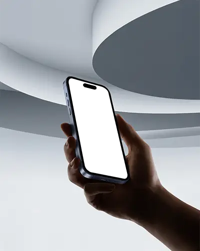 Modern Architectural Curves Iphone 16 Pro Mockup Hand Lifting Phone In Soft Light