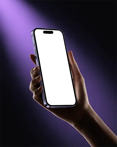 Dramatic Purple Spotlight Iphone 15 Pro Mockup Hand Holding Phone In Dark Setting