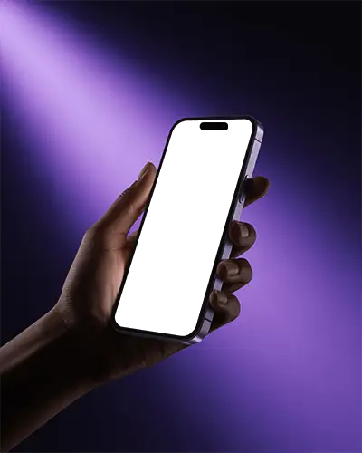 Purple Spotlight Scene Iphone 15 Pro Mockup Hand Holding Phone In Dark Minimal Setting