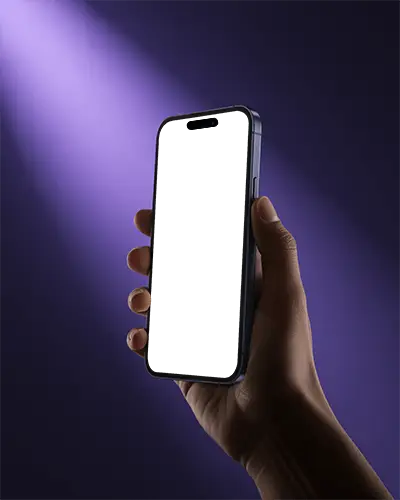 Vivid Violet Glow Iphone 15 Pro Mockup Device Held In Deep Shadowed Light With Strong Contrast