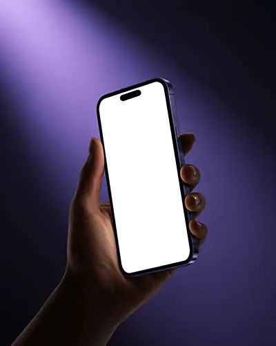 Cinematic Purple Illumination Iphone 15 Pro Mockup Phone In Hand Under Focused Light