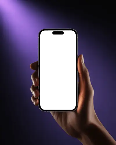 Striking Purple Spotlight Iphone 15 Pro Mockup Device In Clean Dark Setting With Deep Shadows