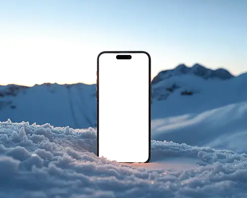 Sleek Iphone 15 Mockup Standing In Fresh Snow Mountain Scenery Background Cold Environment