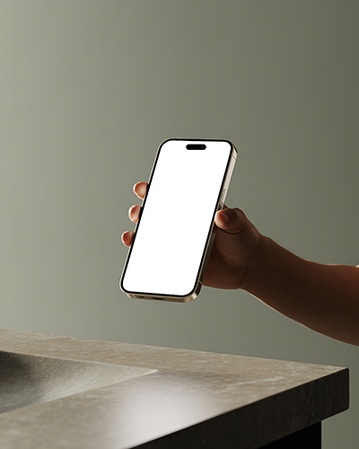 Realistic Iphone 14 Pro Mockup In Hand Floating Above Marble Counter