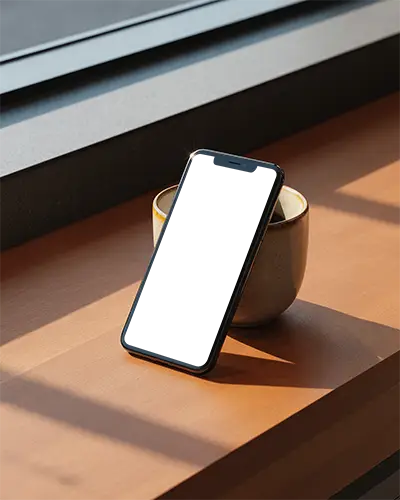 Minimalist Iphone 12 Mockup Displayed Leaning On Mug On Wood Desk Near Window