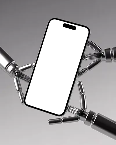 Futuristic Iphone 15 Mockup Held By Robotic Hands Tech Ai Concept Presentation