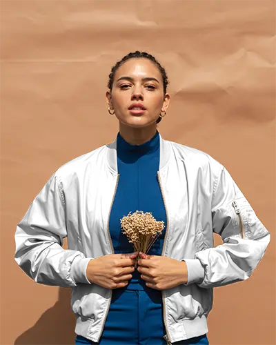 Stylish Shiny Bomber Jacket Mockup With Zippered Sleeve Pocket On A Minimalist Backdrop