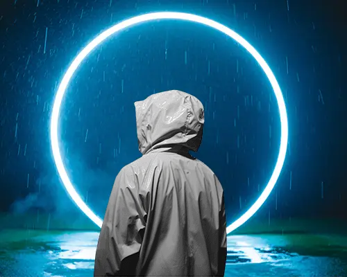 Rain Soaked Hooded Jacket Mockup Glowing Circle Backdrop Futuristic Outdoor Style