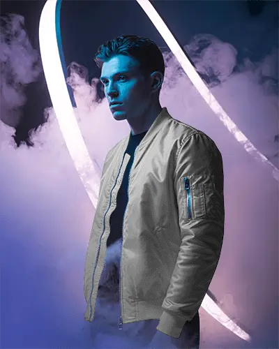 Modern Bomber Jacket Mockup Blue And Purple Lighting With Dramatic Smoke