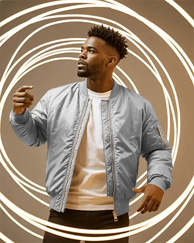 Warm Spiral Light Bomber Jacket Mockup Male Model In Dynamic Studio Motion