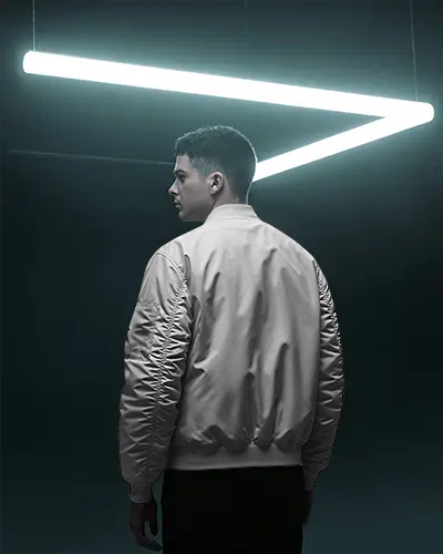 Modern Bomber Jacket Mockup Back View Under Geometric Neon Lighting