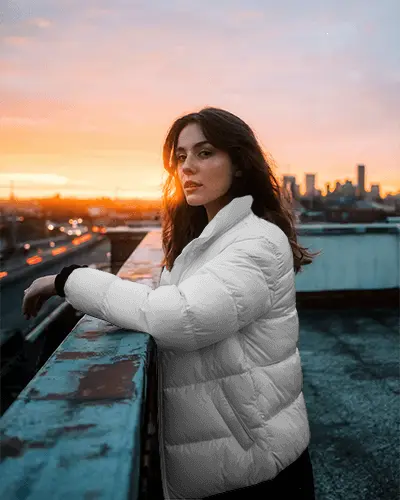 Urban Rooftop Winter Fashion Puffer Jacket Mockup For Casual Wear And Street Style