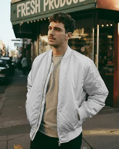 Street Style Men Bomber Jacket Mockup Midweight Fashionable Outerwear For Casual Everyday Use