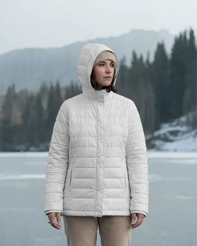 Lightweight Warm Puffer Jacket Mockup With Zipper Closure For Casual And Activewear Use