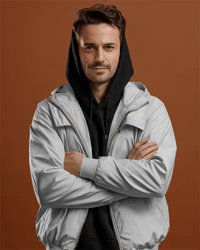 Stylish Men Windbreaker Jacket Mockup With Hoodie Layer Casual Wear For Outdoor Activity Season