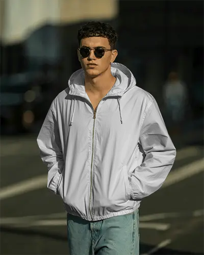 Urban Trendy Zipper Hooded Jacket Mockup For Men Lightweight Casual Windbreaker Top