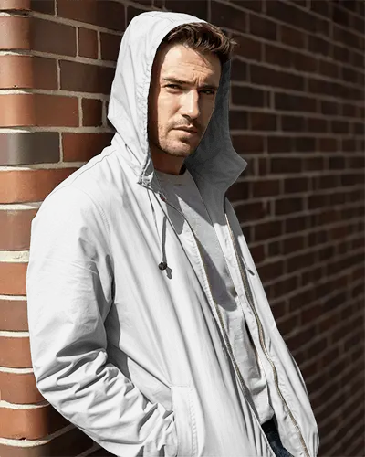 Stylish Urban Zipper Hooded Jacket Mockup For Mens Spring Casual Wear Perfect For Outdoor Adventures