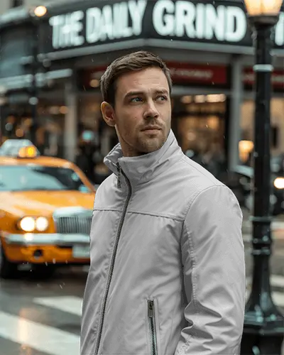 Sleek Mens Jacket Mockup Zip Front Collared Windbreaker Lightweight Urban Outdoor Fashion