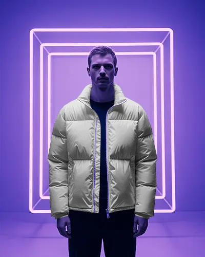 Modern Puffer Jacket Mockup Centered Figure With Layered Neon Rectangle Glow
