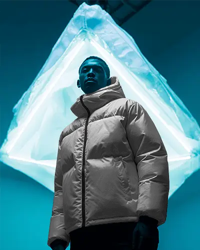Glowing Ice Crystal Puffer Jacket Mockup Cool Blue Studio With Geometric Light