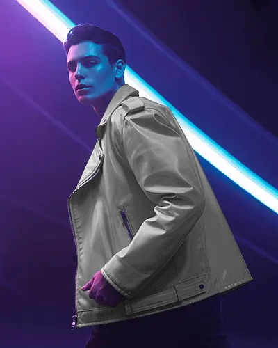 Sleek Biker Leather Jacket Mockup Studio Shot With Vivid Purple Blue Lighting