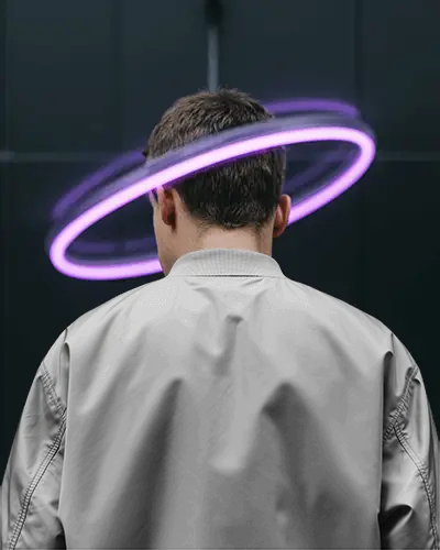 Neon Rotating Light Ring Bomber Jacket Mockup Back View With Floating Purple Halo Effect
