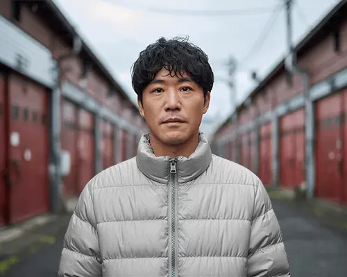 Urban Alley Puffer Jacket Mockup Centered Portrait With Industrial Symmetry