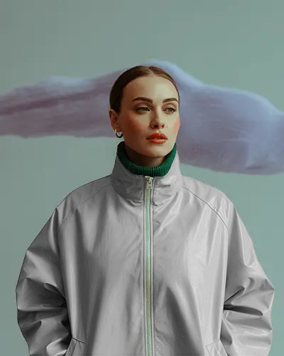 Studio Fashion Jacket Mockup Female Model Looking Sideways Minimal Art Background Modern Editorial