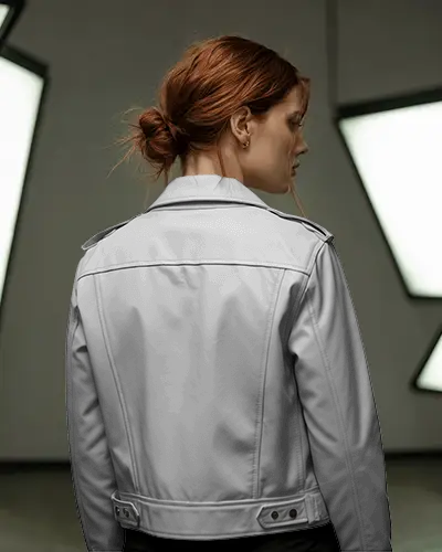 Back View Leather Jacket Mockup Female Model In Modern Studio Lighting Clean Fashion Focus