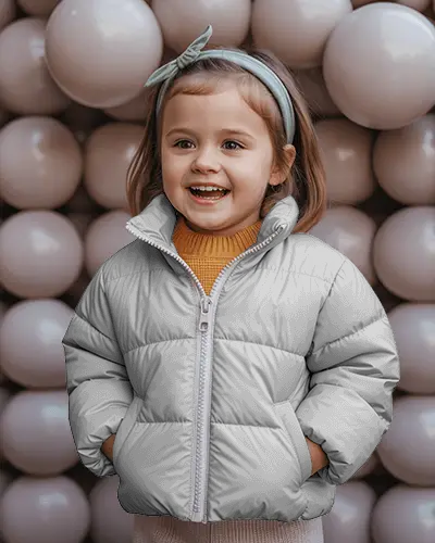 Kids Puffer Jacket Mockup Smiling Toddler Girl In Studio With Balloon Background Cute Winter Style