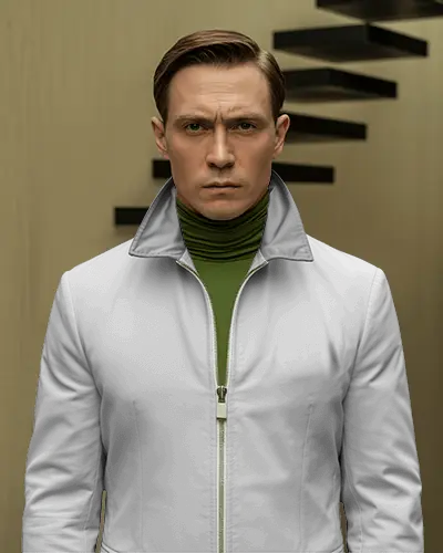 Mens Jacket Mockup Front View Serious Male Model Modern Interior Clean Editorial Style