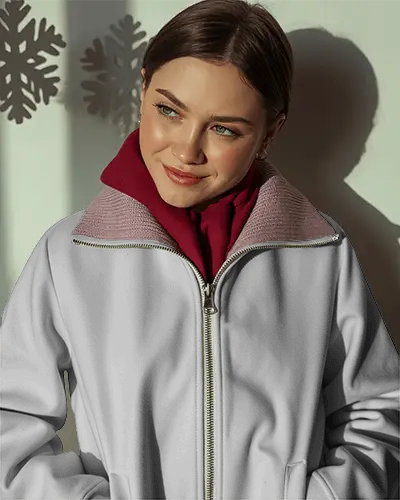 Winter Womens Jacket Mockup Soft Sunlight Smiling Model Cozy Seasonal Fashion Editorial