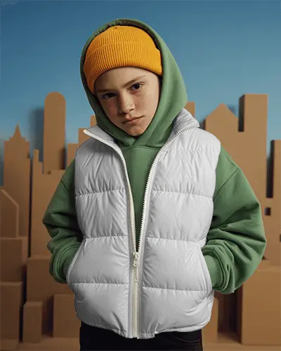 Kids Puffer Vest Jacket Mockup Boy Model Urban Backdrop Winter Streetwear Style
