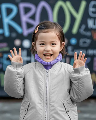 Childrens Bomber Jacket Mockup Smiling Girl Front View Fun Creative Background