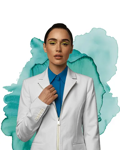 Womens Tailored Jacket Mockup Front View Fashion Model Artistic Watercolor Backdrop