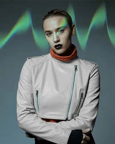 Womens Leather Jacket Mockup Fashion Model With Iridescent Light Effects Modern Editorial