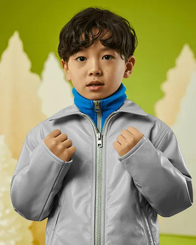 Childrens Jacket Mockup Zip Front Boy In Studio With Nature Inspired Background