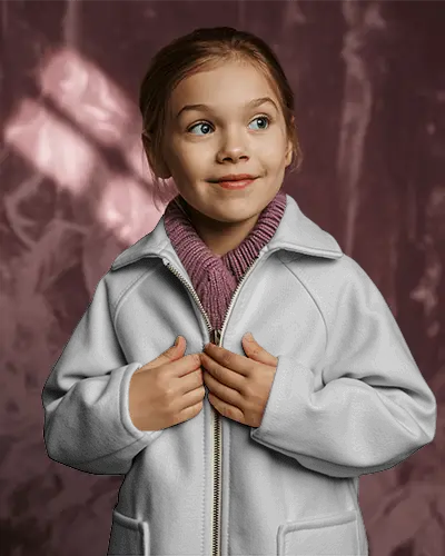 Kids Jacket Mockup Smiling Young Girl Front View Soft Studio Lighting Cozy Fashion
