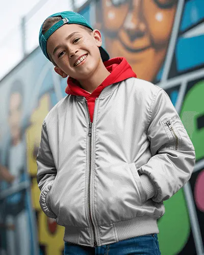 Childrens Jacket Mockup Boy Model Casual Pose City Art Background Modern Fashion