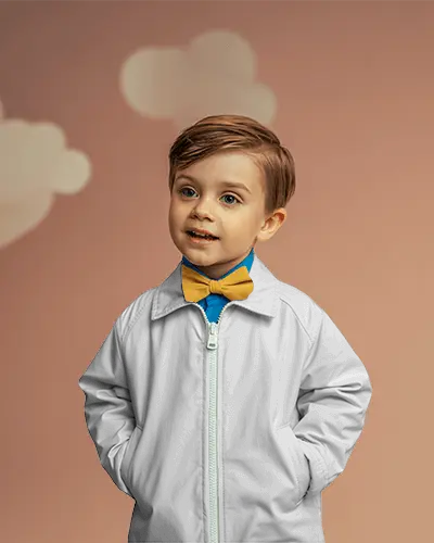 Toddler Jacket Mockup Cute Boy Front View Soft Pastel Cloud Background Playful Style