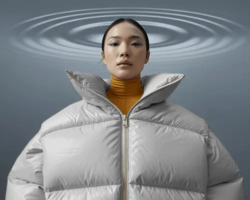 Womens Oversized Puffer Jacket Mockup Futuristic Studio Portrait With Ripple Light Effect
