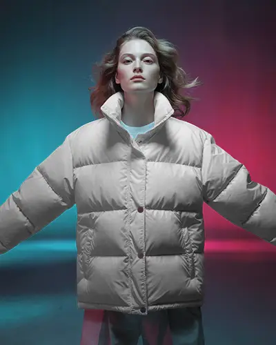 Front Facing Jacket Mockup Female Model Confident Pose With Clean Background And Fashion Focus