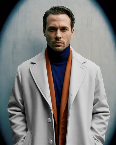 Dramatic Portrait Jacket Mockup Male Model Standing Front Facing With Vignette And Luxury Mood