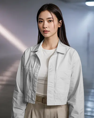 Indoor Lifestyle Denim Jacket Mockup Female Model Relaxed Stance Modern Space And Natural Light Fee