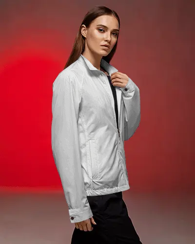 Studio Jacket Mockup Female Model Standing Side Pose Soft Lighting Fashion Presentation