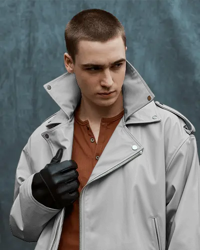 Studio Jacket Mockup Male Model Looking Down Leather Style Soft Lighting Fashion Editorial