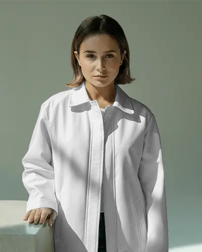 Jacket Mockup Female Model Neutral Expression Modern Standing Front Soft Daylight Studio