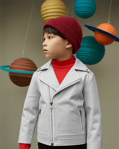 Kids Leather Jacket Mockup Child Looking Sideways Creative Studio Background Playful Style