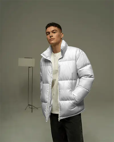 Modern Mens Casual Wear Puffer Jacket Mockup With Padded Insulation And Side Pockets